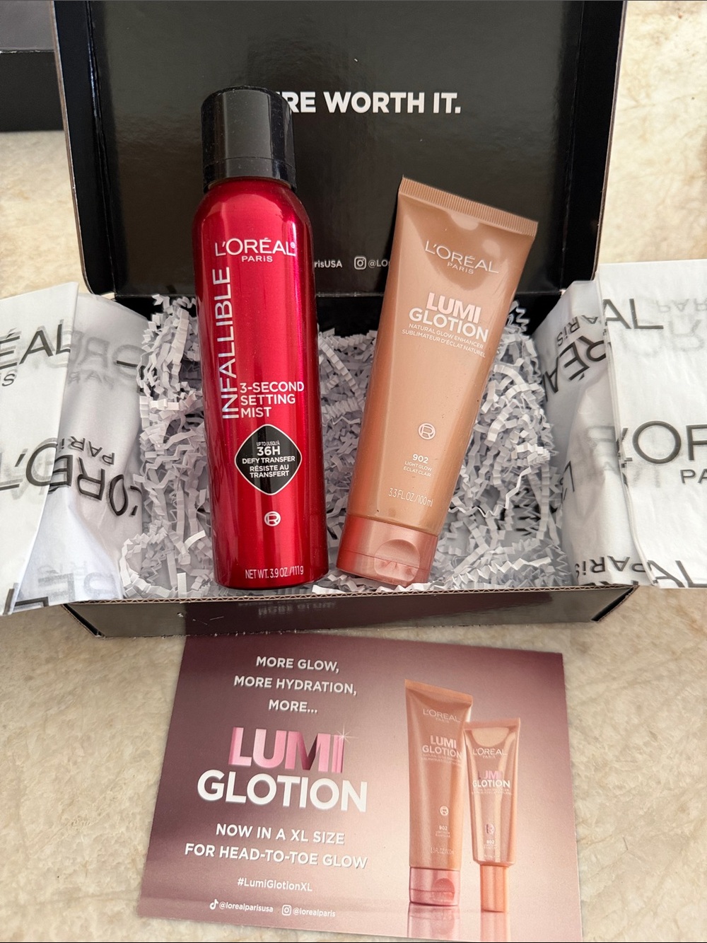 New L’Oreal Infallible 3-Second Setting Mist & Lumi Glotion PR box